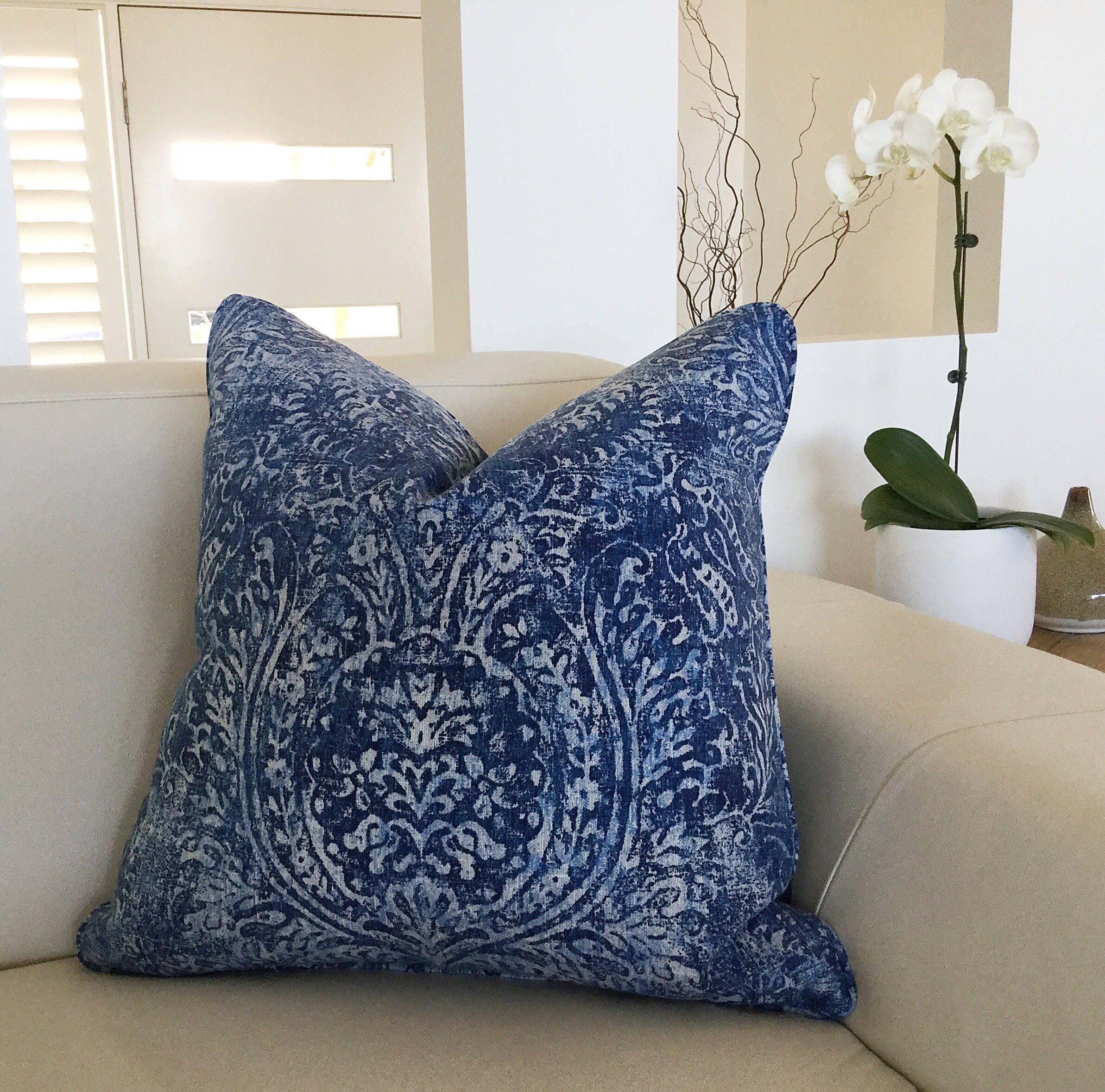 Hampton's Style Cushions Blue and White Damask Cushion