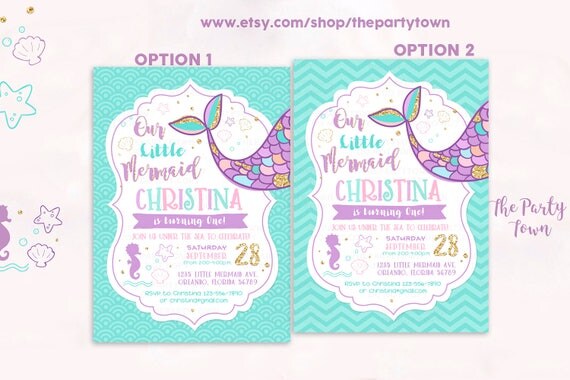 Mermaid Birthday Invitation, Little Mermaid Invite, Under The Sea Party, Mermaid first Birthday Invitation, Glitter Teal Purple Printable Il_570xn