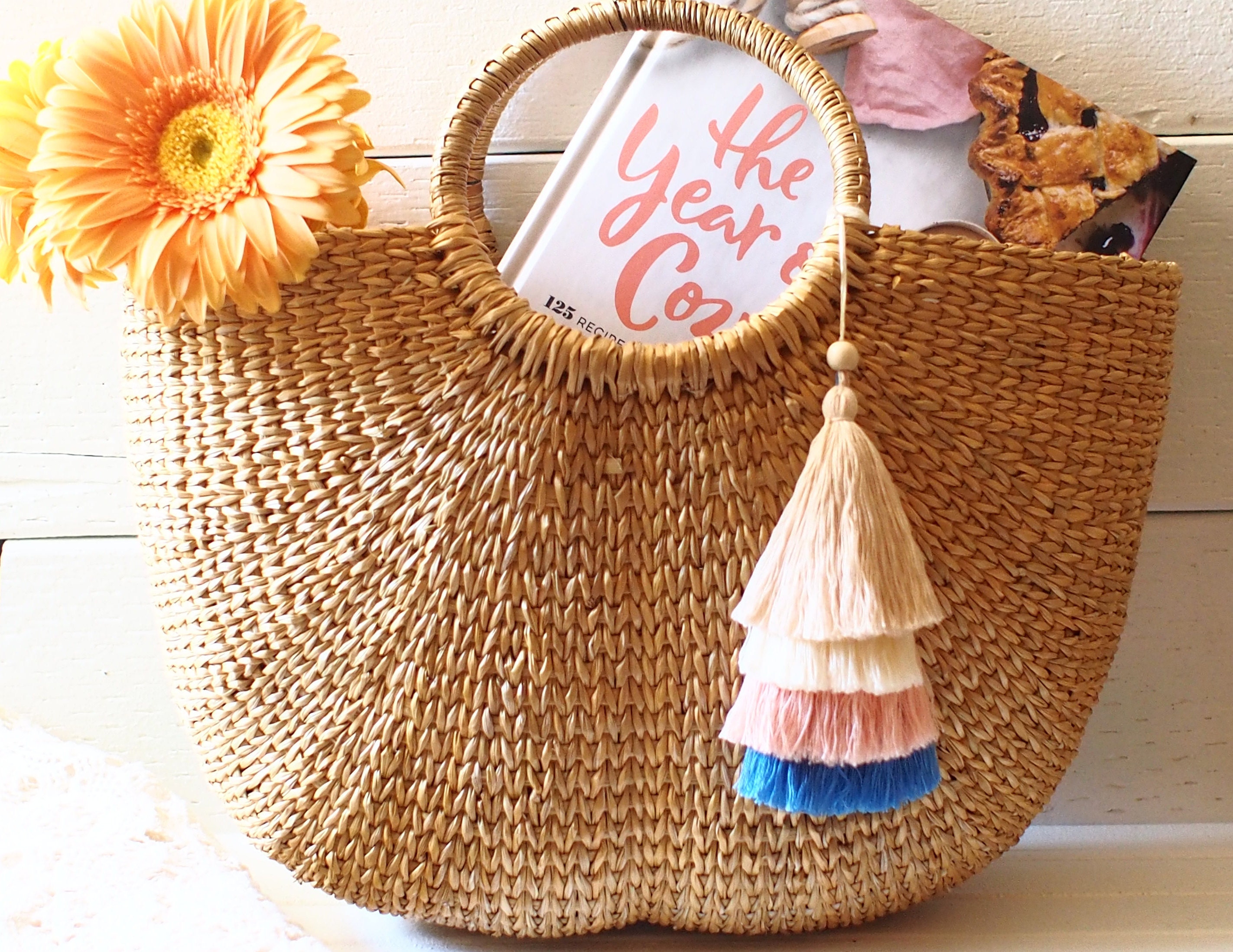 Straw Handbag with Pastel Tassels Straw Beach Bag Straw Tote