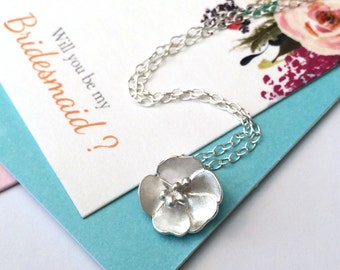 Buttercup Necklace, Rosa Primula Necklace, Silver Flower Neckalce, Wedding Jewelry, Bridesmaid Necklace, Birthday Gift, Thank You, Gift Card
