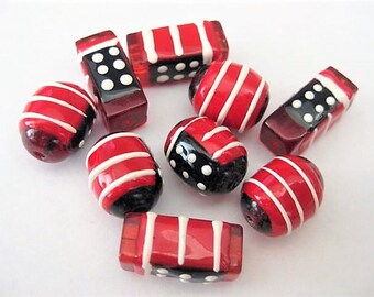 Jewelry Supplies ~ Glass Beads Red White Blue Flag 9 pc 16-20mm