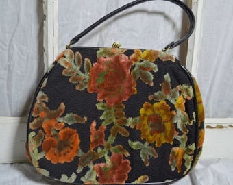 Vintage 1950s Black & Rust Floral Carpet Handbag Purse Hinge Closure