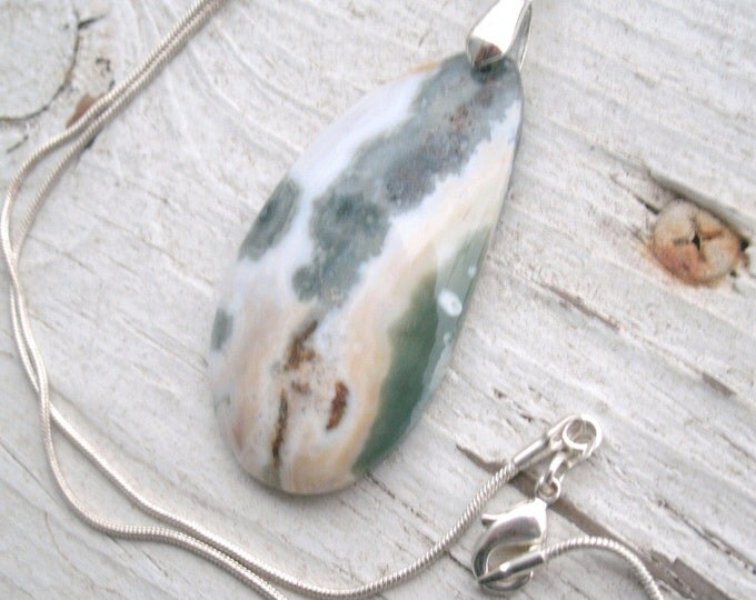 Ocean Jasper Pendant Necklace, Natural, quartz Inclusions, white, green tan, 925 stamped necklace chain, silver bail, classy, polished