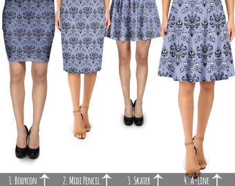 Haunted Mansion Wallpaper - Skirt in Skater Flare, Bodycon Fitted, Flared A-Line, or Midi Pencil style XS-3XL 000751