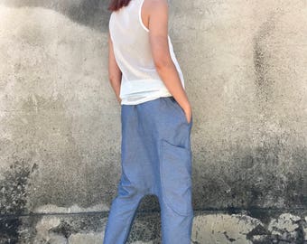 Denim Pants, Women Harem Pants, Low Crotch Pants, Denim Trousers, Baggy Pants, Drop Crotch Pants, Women Blue Jeans, Urban Clothing