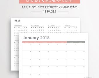 2018 printable year calendar