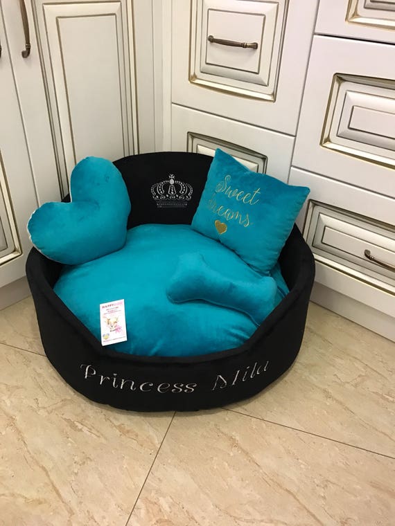 Princess dog bed in aquamarine and black Personalized pet bed