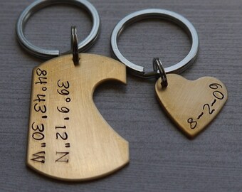 Bronze keychain set - hand stamped - couples keychain - 8th anniversary - heart cut-out keychain