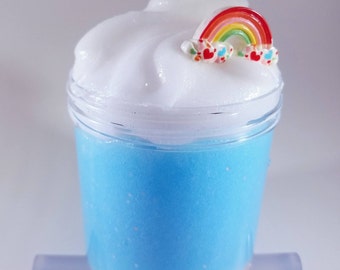 Clear Sky - Slow Rising Squishy Slime in Blue and White - Includes a cute rainbow charm.