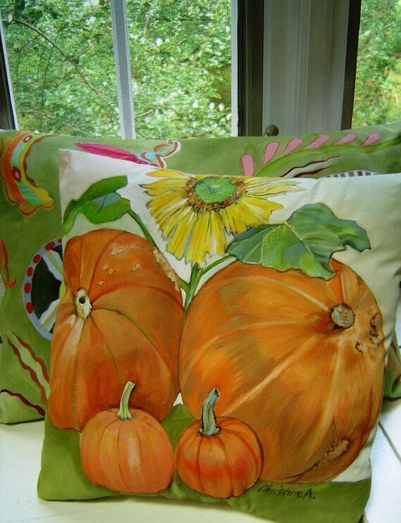 Items similar to Sunflower in the Pumpkin Patch 14x14 Pillow Hand