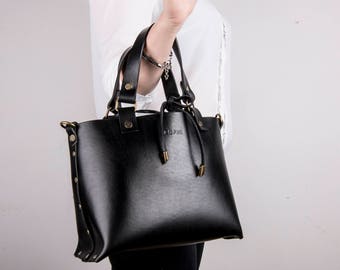 Tote Bag, Black Full Grain Leather Tote, Black shoulder bag, Leather Shopping Handbag, Vegetable-Tanned Leather, Back To School