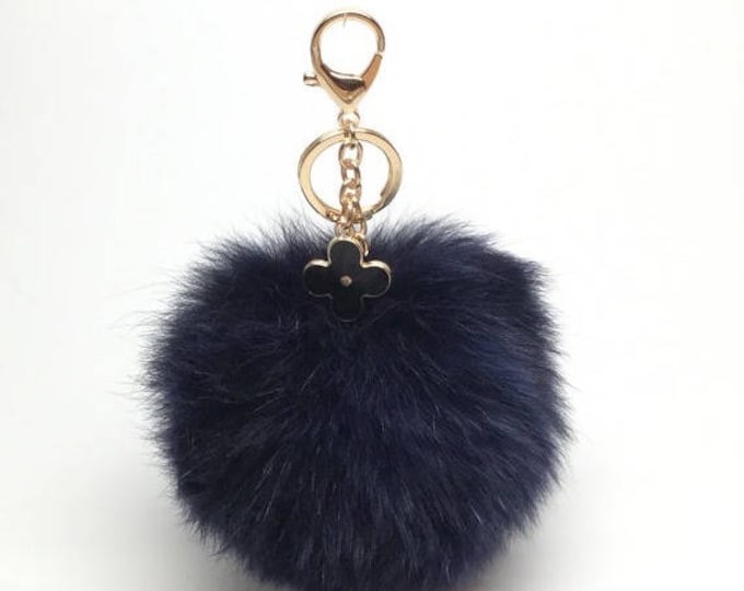 New! Navy fox fur Pompon bag charm pendant Fur Pom Pom keychain keyring with flower charm