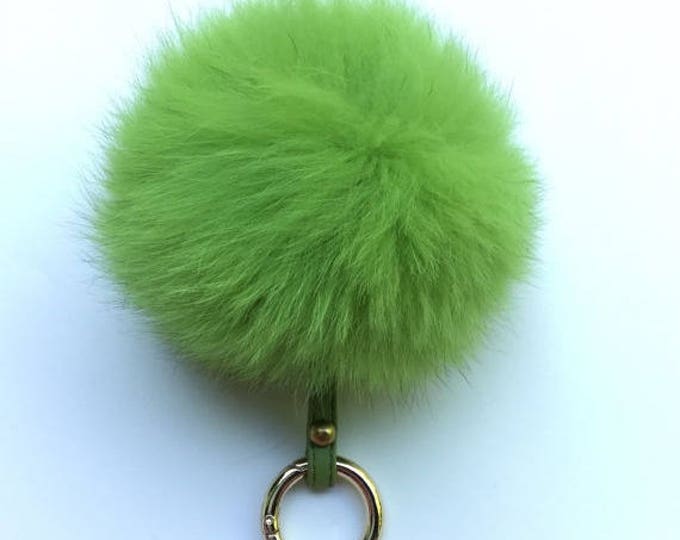 Fox Fur bag charm, fur pom pom keychain, fur ball keyring purse pendant neon green