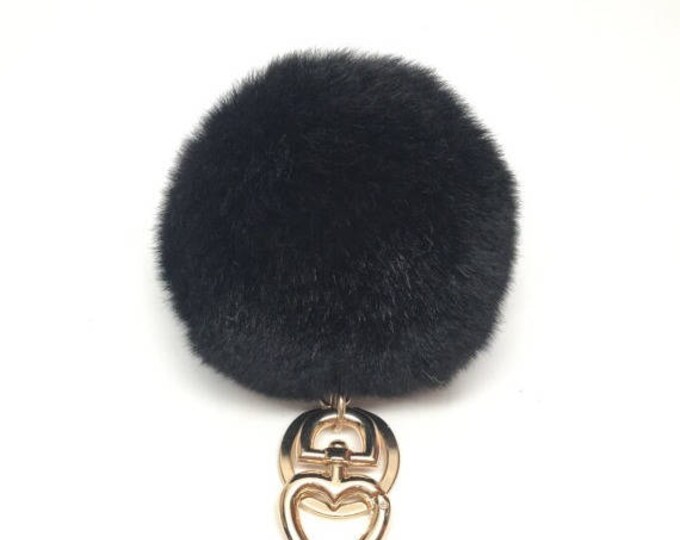 Heart Fur Pompom Keychain Rabbit Fur Ball Bag Black