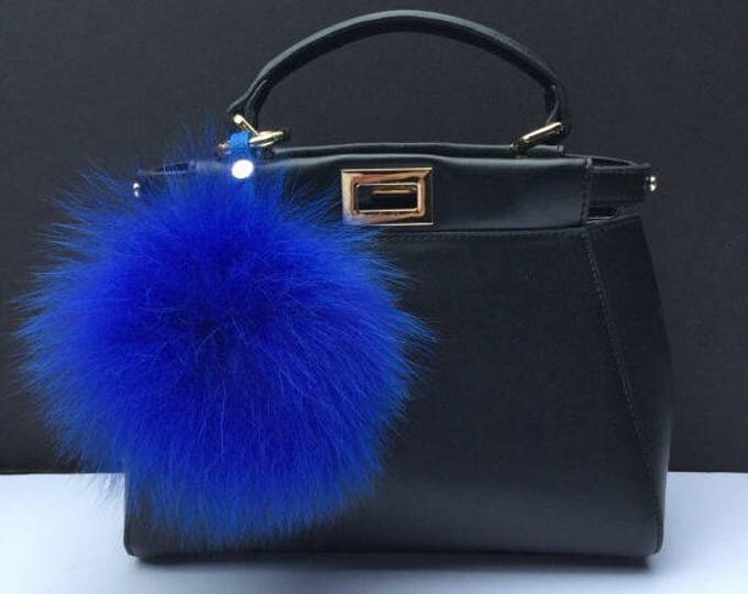 Royal Blue Fox Fur Pom Pom luxury bag pendant with leather strap metal buckle key ring chain bag charm