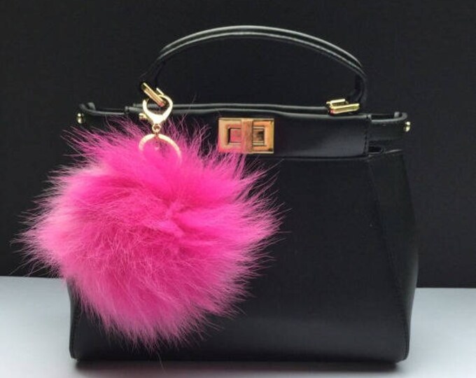Large size Pompon bag charm pendant Fox Fur Pom Pom keychain in deep gradient hot pink color tone