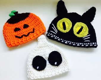Ready to Ship *HALLoWEEN* Baby GHOST Beanie Baby PUMPKIN Jack-O-Lantern Beanie Toddler Black Cat Costume