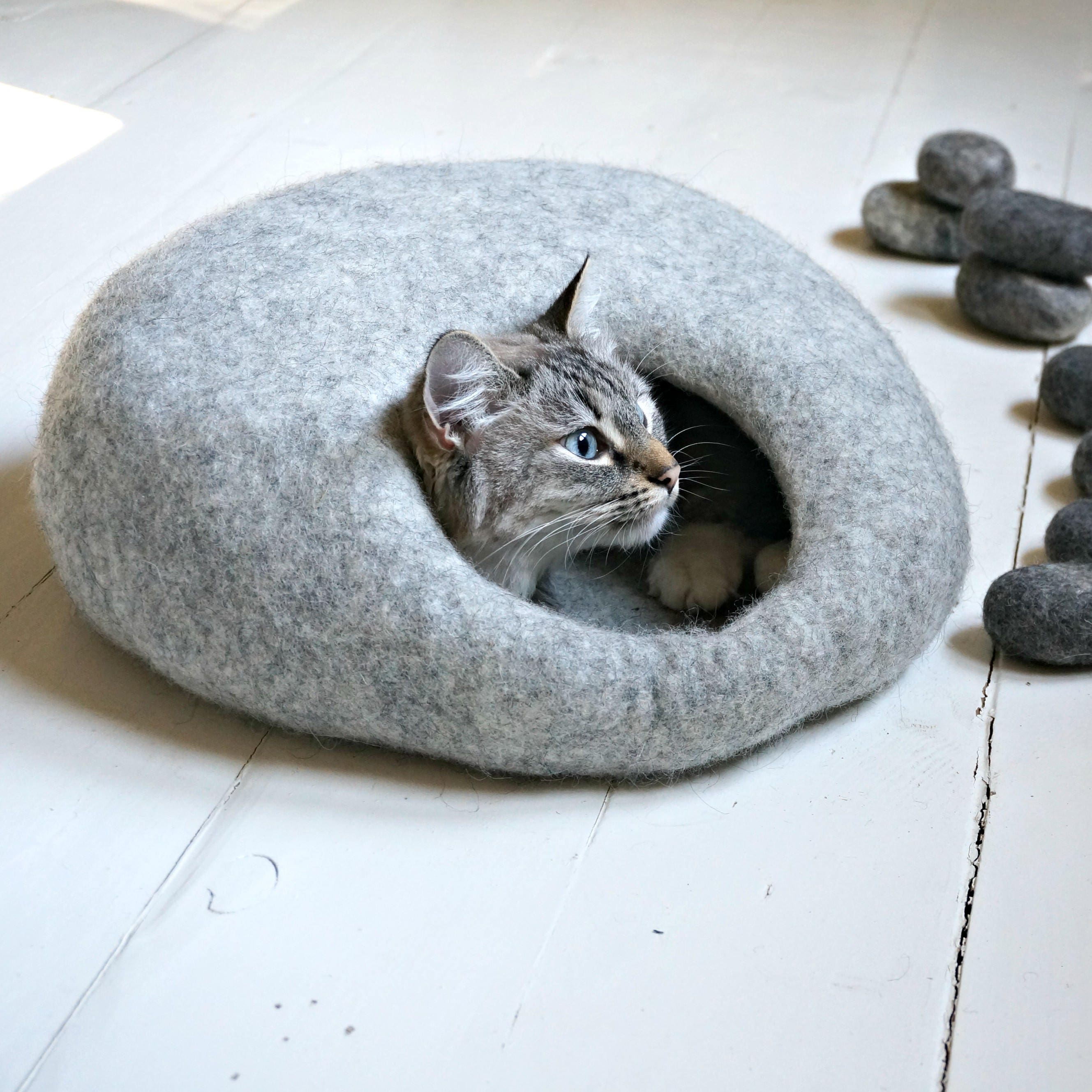 Wool Cat Cave Grey Cat Bed Felt Cat House Felted