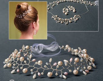 Freshwater pearl vine, wedding headpiece, bridal hair vine, pink pearl headband, bridesmaid wreath, wire wrapped tiara, wedding hair vine