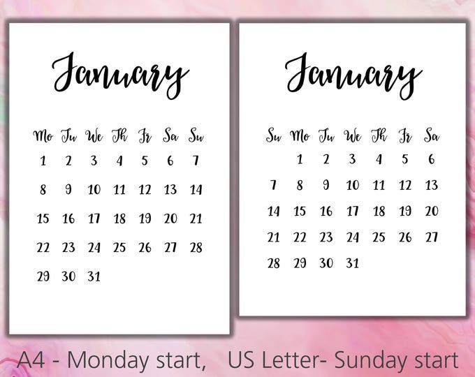A4 & 8.5x11 Printable 2018 Calendar, Wall Calendar, Modern Calendar, Minimalist Calendar, Monthly Pages, DIY Calendar, PDF Instant Download