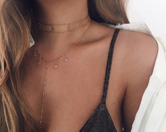 Double Choker Necklace, Delicate Necklace, Dainty Choker, Layering Choker, Gold Filled, Bar Chain