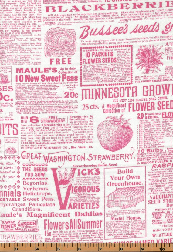 Lakehouse Fabrics Pink Newsprint Pink Ads Pam Kitty Garden