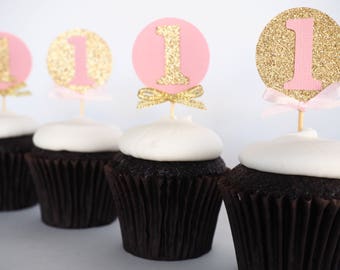 First birthday cupcake toppers | Pink and gold glitter one toppers | 1st birthday | Girls first birthday | 1 cupcake toppers | Cupcake picks