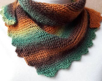 Hand knit shawl Green brown Triangular shawl knitted woman children scarf christmas gift teen Neck warm shawl stylish accessory Hand knit