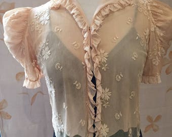 1940s cream Silk chiffon and embroidered net lace blouse jacket with puff sleeves and ruffle edging