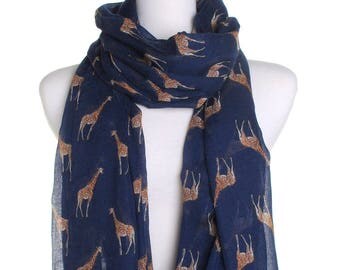 Navy Blue Cute Giraffe Scarf / Ladies Scarves / Womens Scarf with beige Giraffe Print / Womens Accessories / Soft Shawl Wrap / Gifts for Her