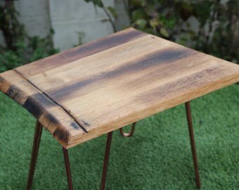Whisky barrel stave coffee table with copper hairpin legs