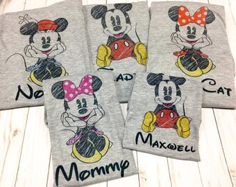 Custom Minnie scribble shirt, Mickey sketch, family Disney shirt, disney family shirts, personalized, Mickey Mouse scribble, mickey sketch t