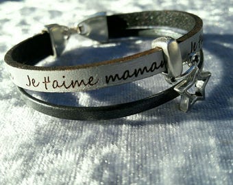 Leather Bracelet black and grey "I love you MOM"