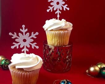Christmas in July Sale Christmas Snowflake Glitter Cupcake Toppers, Holiday Cupcake Toppers , Festive Christmas Decor, Holiday Party- Set of