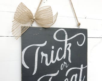 Farmhouse Trick of Treat Sign | Dark Gray & White Farmhouse Decor, Hand Painted