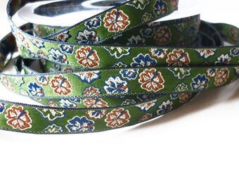Ruban fleur ibiscus 9mm vert, bleu, ocre, blanc - ruban jacquard - vente au mètre
