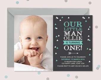 Tribal geometric 1st birthday invitation boys // I customise for you to print // chalkboard teal and white arrow and triangle design