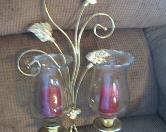 Vtg Spiral Leaves shiny gold metal double sconce w 2 etched glass votive and maroon candles Home Interior Candle sconce picture accent