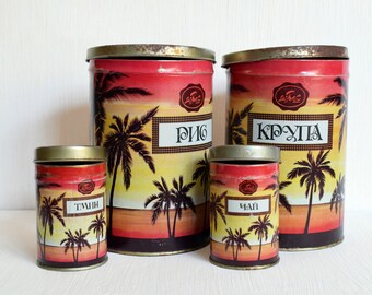 Soviet Vintage tins Set of 4 Kitchen decor Soviet vintage tin boxes Canisters for kitchen Metal canister