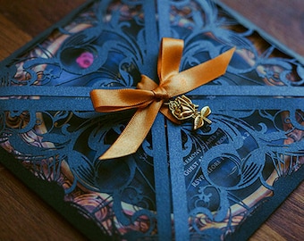 Beauty and the Beast Wedding Invitation suite | Laser cut invite design | Navy and Gold | Enchanted Fairytale theme