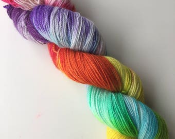 Rainbow Hand Dyed 4ply Merino Nylon Sparkle Platinum Sock Rainforest