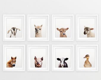 Farm Animal Prints, Nursery Decor, Farm Baby Animals Set 8, Lamb, Pig, Duckling, Cow Print, Nursery Animal Wall Art, Kids Room Printable Art