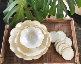 Vintage Capiz Shell Nesting Bowls • Capiz Mother of pearl Coasters • Bohemian Decor