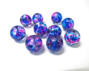 10 pearls, pink and Blue 10mm transparent glass
