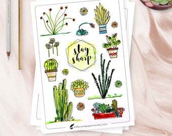Bullet Journal Stickers, Watercolor Cacti and Succulent Stickers, Printable Stickers, SVG, Silhouette, Cricut, Cut Files, Planner or Bujo