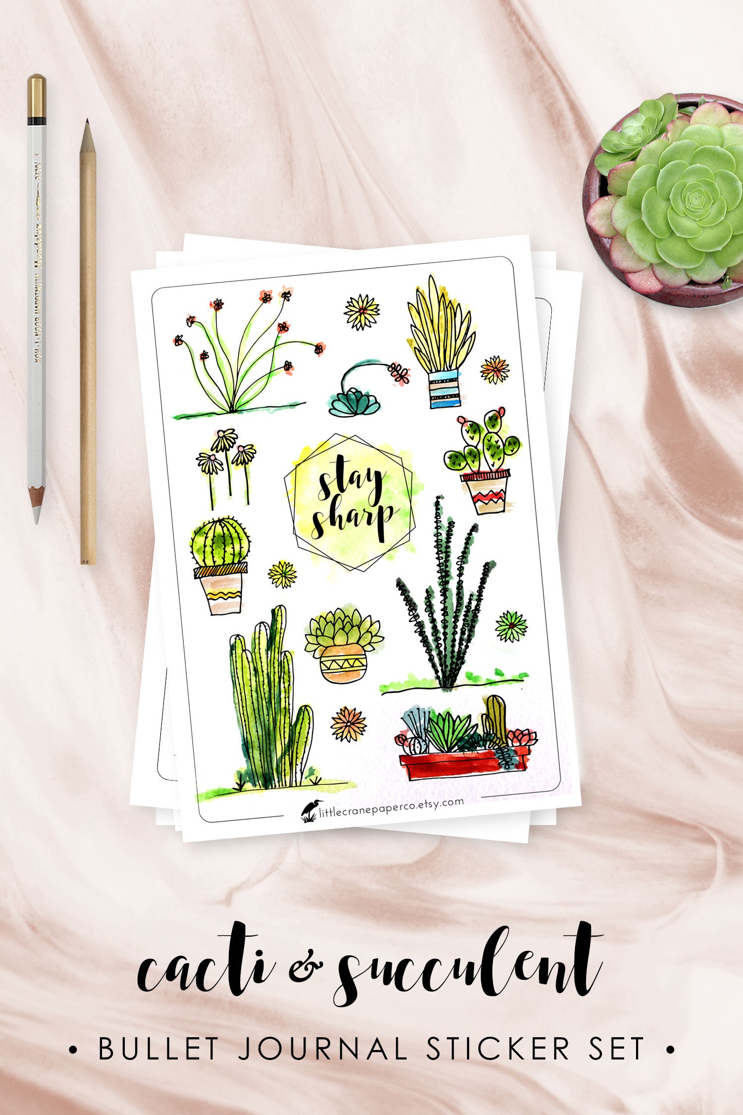 Bullet Journal Stickers Watercolor Cacti and Succulent