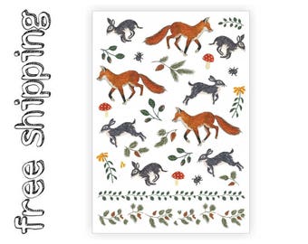 Temporary tattoos set "Fox and Rabbit" with cute walfdorf woodland forest animals: bunny and red fox kids body stickers. TA056