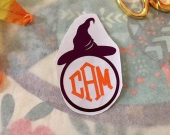 Monogram Decal, Witch Monogram-Witch Hat-Monogram Decal-Halloween-Sticker for Cup-Window Decal, Gift for Her
