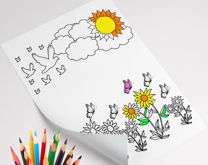 Nature Coloring Page, Kid Coloring Activity, Sun Coloring Page, Birds Coloring Page, Kids Coloring Nature, Coloring Book Pages