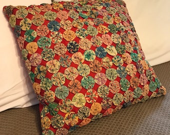 Vintage feed sack YoYo decorative pillow